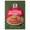 A green and red packet of Mccormick Mushroom Spaghetti Sauce Mix Envelope 1.5 Oz featuring a bowl of pasta topped with mushroom sauce and cheese.
