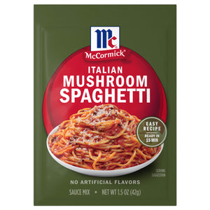 A green and red packet of Mccormick Mushroom Spaghetti Sauce Mix Envelope 1.5 Oz featuring a bowl of pasta topped with mushroom sauce and cheese.