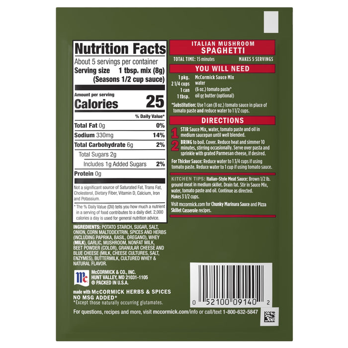 The back of a Mccormick Mushroom Spaghetti Sauce Mix Envelope 1.5 Oz displays nutrition facts, ingredients, and cooking directions for a quick Italian mushroom spaghetti meal.