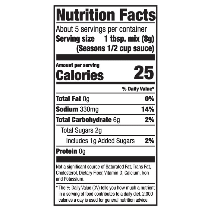 A nutrition facts label for Mccormick Mushroom Spaghetti Sauce Mix Envelope 1.5 Oz showing 25 calories and 330 milligrams of sodium per serving.