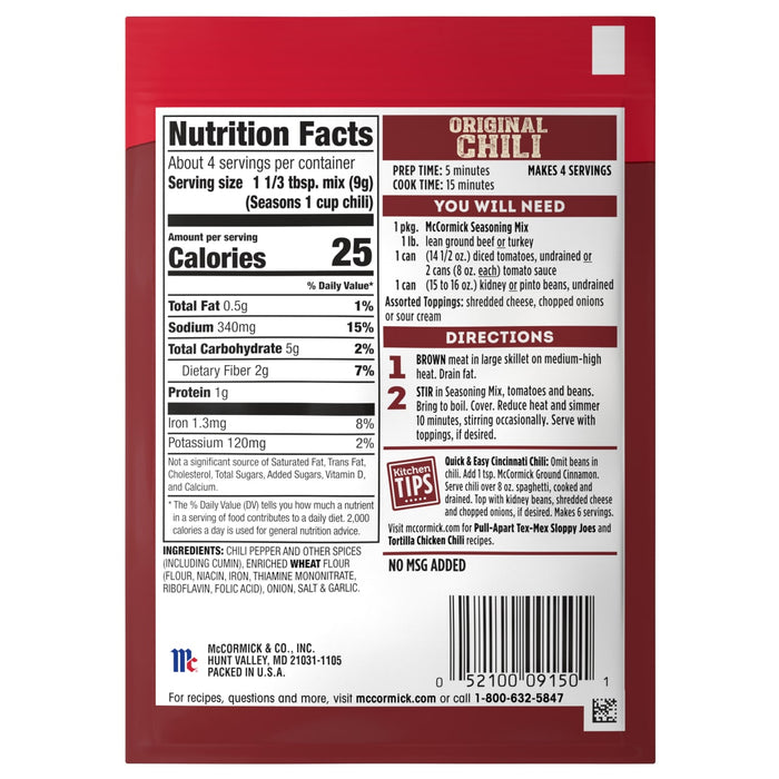 ['McCormick Original Chili seasoning mix package with nutrition facts and directions for use.']