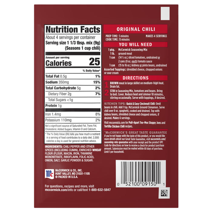 A package of Mccormick Chili Seasoning Mix 1.25 Oz, featuring nutrition facts, ingredients, and cooking directions for original chili.