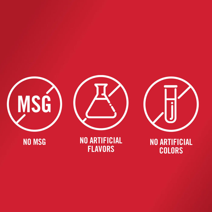 ["Three white icons on a red background with the words 'No MSG', 'No Artificial Flavors', and 'No Artificial Colors'."]