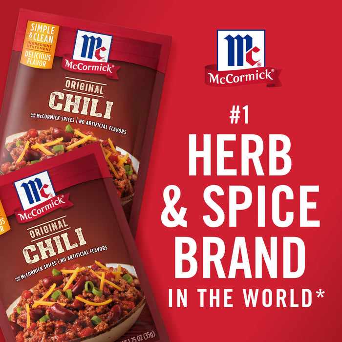['McCormick Original Chili seasoning packets with a bowl of chili on the front and a red background with the text #1 Herb &amp; Spice Brand in the World.']