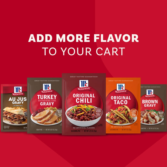 A collection of McCormick seasoning packets, featuring a prominent Mccormick Chili Seasoning Mix 1.25 Oz packet, are displayed below the text 'ADD MORE FLAVOR TO YOUR CART'.