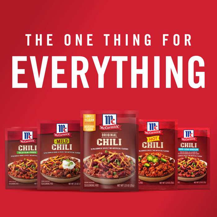 ['Five McCormick Chili seasoning packets are shown, each with a different flavor: Gluten-Free, Mild, Original, Hot, and 30% Less Sodium.']