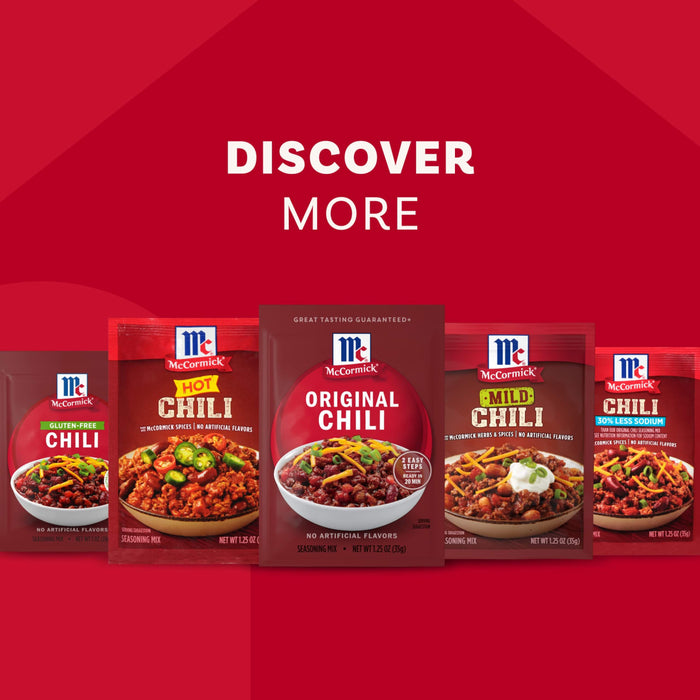 A variety of McCormick chili seasoning mixes, including the Mccormick Chili Seasoning Mix 1.25 Oz, are displayed in a row against a red background with the slogan 'THE ONE THING FOR EVERYTHING'.