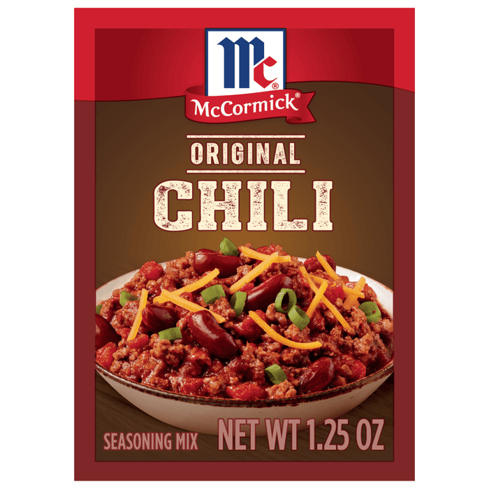 ['McCormick Original Chili seasoning mix package with a bowl of chili on the front.']