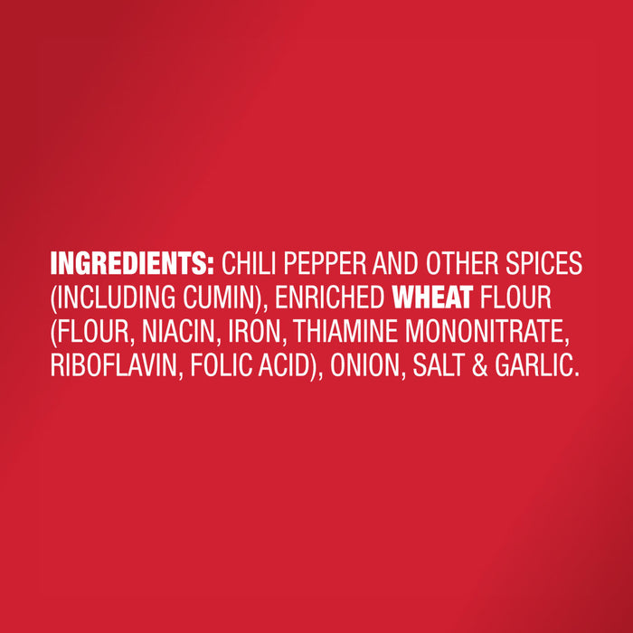 ['A list of ingredients for a product, including chili pepper, cumin, wheat flour, onion, salt and garlic.']