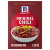 A product package for Mccormick Chili Seasoning Mix 1.25 Oz, featuring a bowl of chili topped with cheese and green onions.
