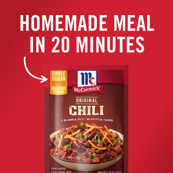 ['McCormick Original Chili seasoning mix package with a bowl of chili on the front.']