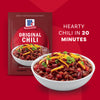 An advertisement for Mccormick Chili Seasoning Mix 1.25 Oz, highlighting a homemade meal in 20 minutes, with the product package showing a serving suggestion of chili.