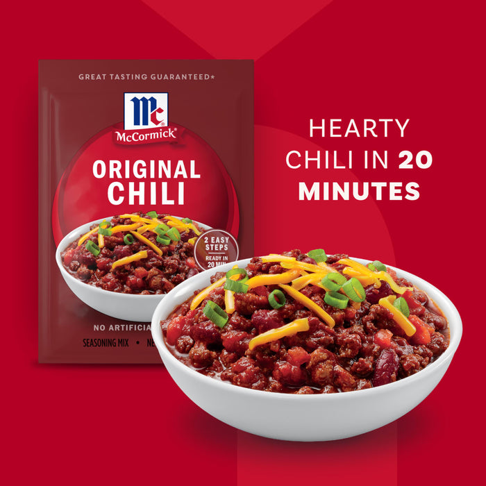 An advertisement for Mccormick Chili Seasoning Mix 1.25 Oz, highlighting a homemade meal in 20 minutes, with the product package showing a serving suggestion of chili.