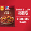 A package of Mccormick Chili Seasoning Mix 1.25 Oz features a bowl of chili and highlights its simple &amp; clean ingredient statement and delicious flavor.
