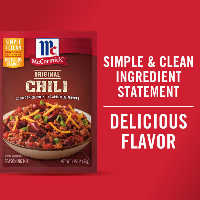 A package of Mccormick Chili Seasoning Mix 1.25 Oz features a bowl of chili and highlights its simple &amp; clean ingredient statement and delicious flavor.