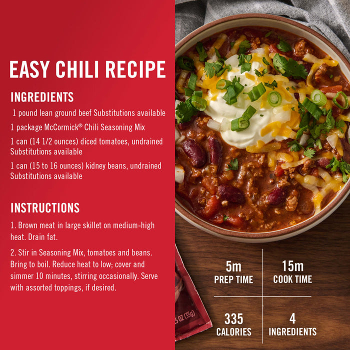 ['A bowl of McCormick Chili with toppings, along with the ingredients and instructions for making it.']