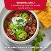 An easy chili recipe is presented with ingredients and instructions, featuring a bowl of chili topped with cheese, sour cream, and green onions, and a visible package of Mccormick Chili Seasoning Mix 1.25 Oz.