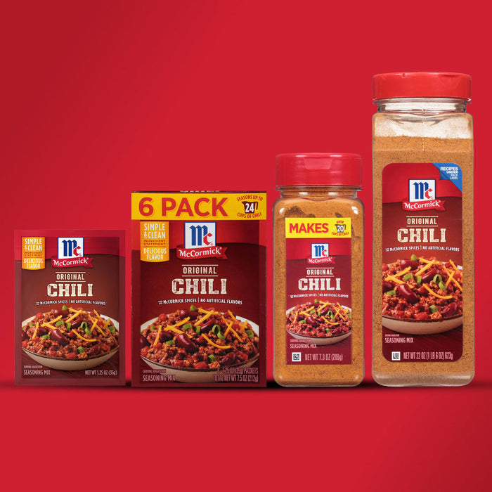 ['McCormick Original Chili seasoning mix is shown in a variety of sizes.']