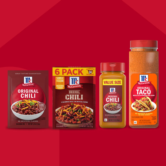 A vibrant red background showcases four different packaging options for McCormick Original Chili seasoning, including a single packet of Mccormick Chili Seasoning Mix 1.25 Oz, a 6-pack box, and two shaker bottles, each displaying a bowl of chili on its label.