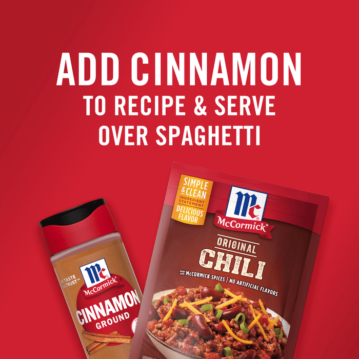 ['A McCormick Cinnamon Ground spice bottle and a McCormick Original Chili packet are shown on a red background.']