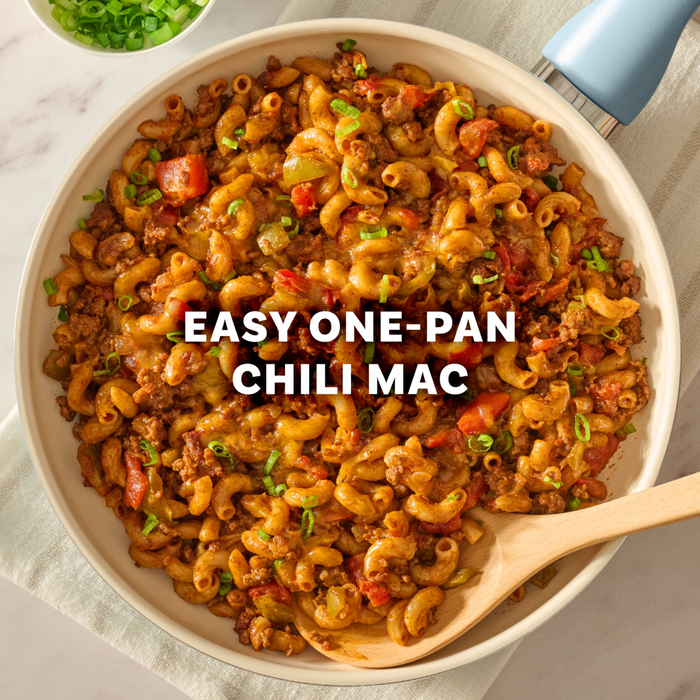 A red background features text suggesting to add cinnamon to a recipe and serve over spaghetti, alongside a bottle of McCormick Cinnamon Ground and a packet of Mccormick Chili Seasoning Mix 1.25 Oz.