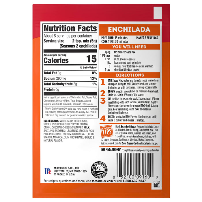 ['McCormick Enchilada Sauce Mix package with nutrition facts, ingredients, directions, and a recipe for Black Bean Enchiladas.']
