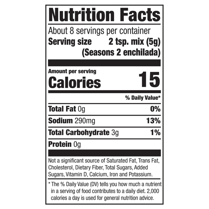 ['Nutrition facts label for Seasons 2 enchilada seasoning mix.']