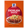 A package of Mccormick Regular Enchilada Sauce Mix Envelope 1.5 Oz featuring a serving suggestion of two beef enchiladas topped with melted cheese and fresh cilantro.