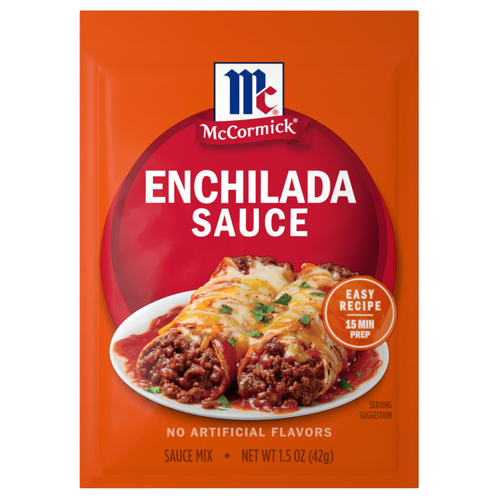 A package of Mccormick Regular Enchilada Sauce Mix Envelope 1.5 Oz featuring a serving suggestion of two beef enchiladas topped with melted cheese and fresh cilantro.