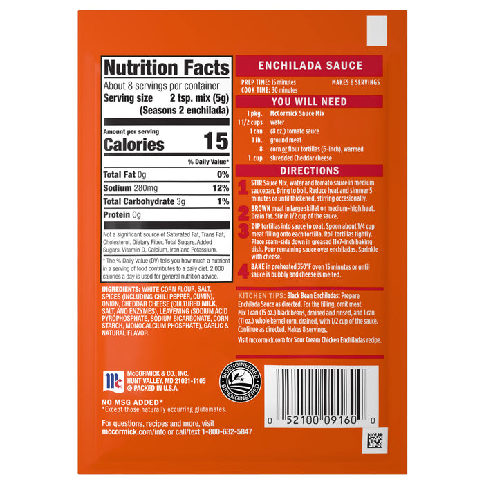 The back of a Mccormick Regular Enchilada Sauce Mix Envelope 1.5 Oz provides nutrition facts, a list of ingredients, and step by step cooking directions for making enchiladas.