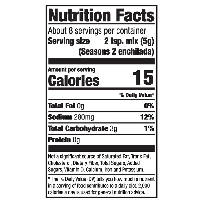 A nutrition facts label for Mccormick Regular Enchilada Sauce Mix Envelope 1.5 Oz showing 15 calories and 280 milligrams of sodium per serving.