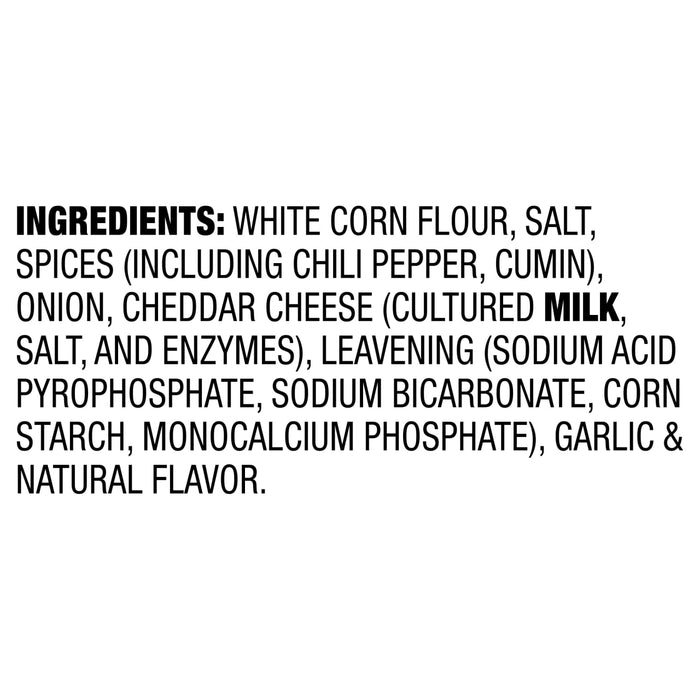 A list of ingredients for Mccormick Regular Enchilada Sauce Mix Envelope 1.5 Oz including white corn flour, salt, spices like chili pepper and cumin, onion, cheddar cheese with milk, and garlic.