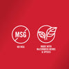 A white logo on a red background shows a circle with a line through it and the letters MSG inside and a circle with two leaves inside with the text No MSG and Made with McCormick Herbs &amp; Spices underneath