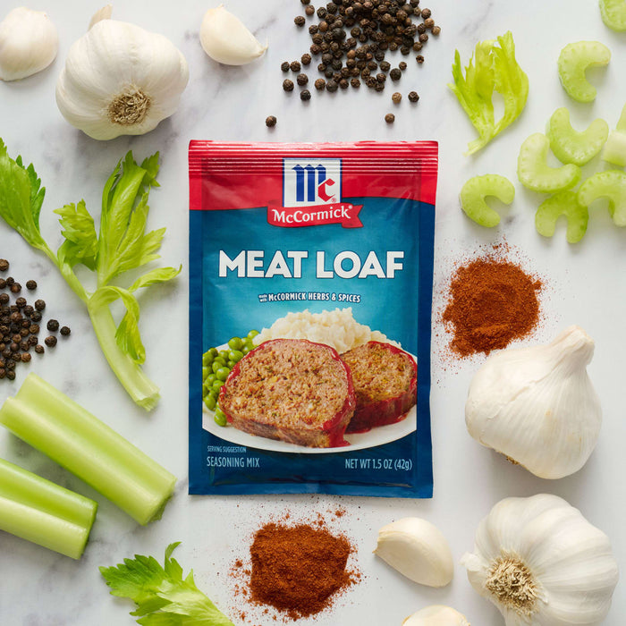 A package of McCormick Meat Loaf seasoning mix with ingredients like garlic celery and peppercorns.