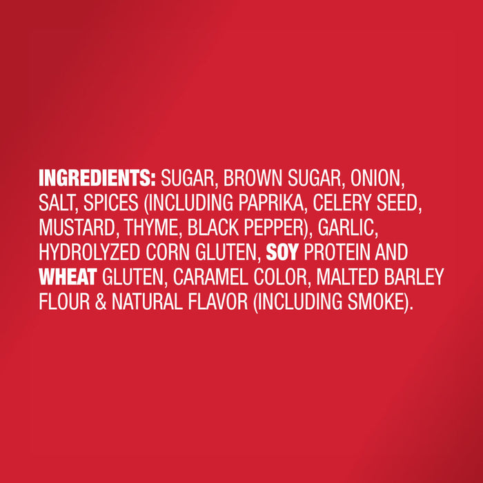 A list of ingredients for a product including sugar brown sugar onion salt spices garlic hydrolyzed corn gluten soy protein wheat gluten caramel color malted barley flour and natural flavor.