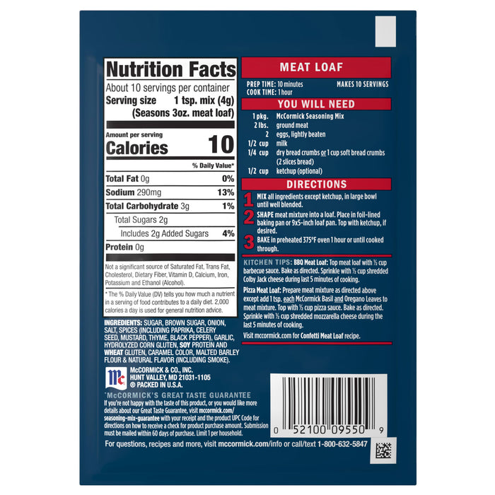 The back of a package of Mccormick Regular Meat Loaf Seasoning Mix 1.5 Oz displays nutrition facts, ingredients, and step-by-step cooking directions for a classic meatloaf.