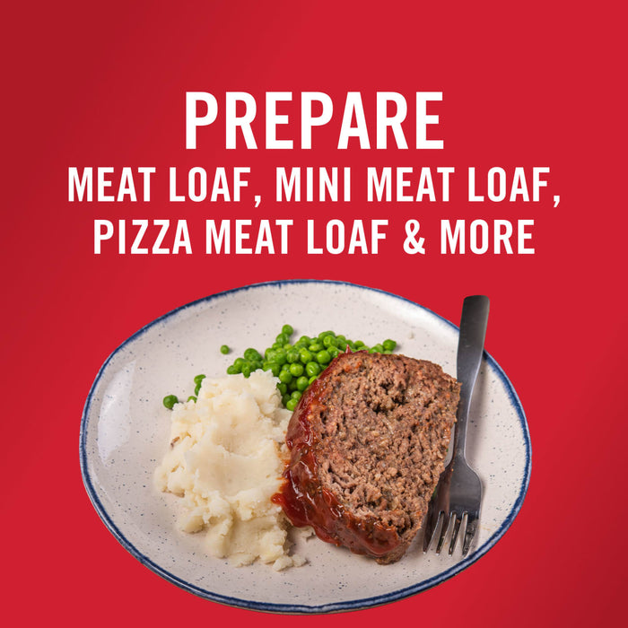 A plate of meatloaf with mashed potatoes and peas with the text PREPARE MEAT LOAF MINI MEAT LOAF PIZZA MEAT LOAF &amp; MORE above.