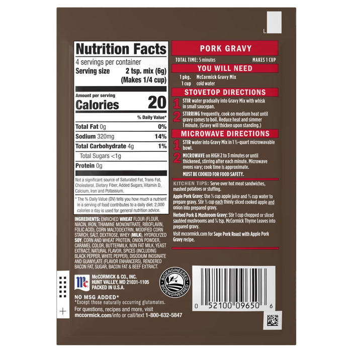 A package of Mccormick Pork Gravy Mix .87 Oz, featuring nutrition facts, ingredients, and stovetop and microwave cooking directions.