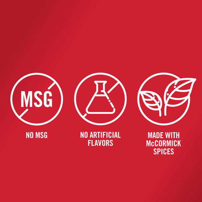 Three white icons on a red background show that McCormick products are made with no MSG no artificial flavors and made with McCormick spices.
