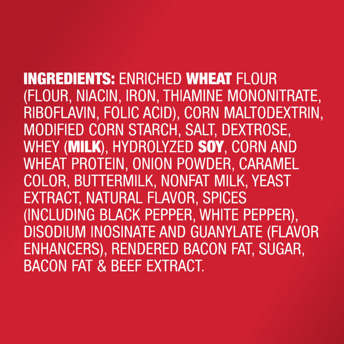 A list of ingredients for a product including wheat flour corn starch soy and bacon fat.