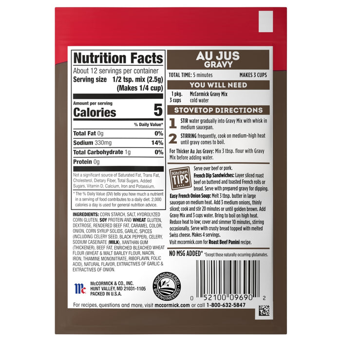 ['McCormick Au Jus Gravy mix package with nutrition facts and directions for use.']
