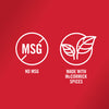 ["A white logo on a red background with the text 'No MSG' and 'Made with McCormick Spices' with a circle with a slash through it and a circle with a leaf inside."]