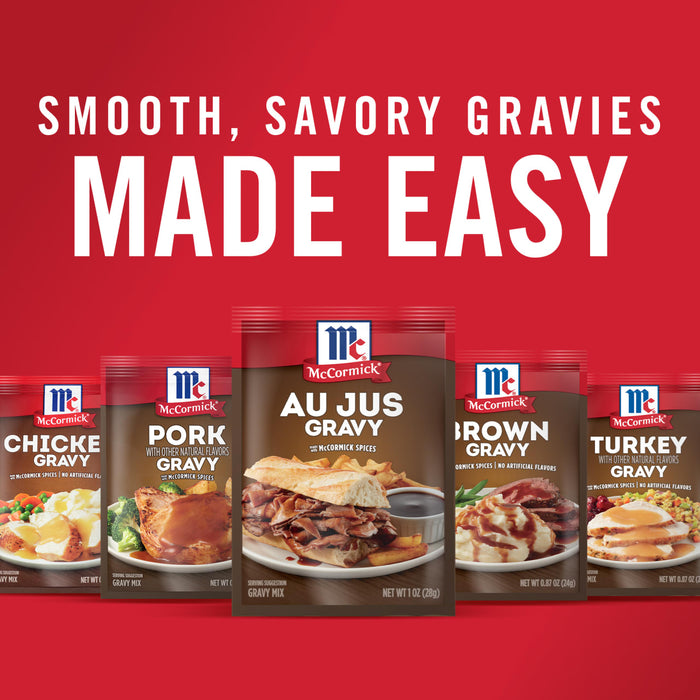 ['McCormick gravy mix packets in different flavors, including chicken, pork, au jus, brown, and turkey.']