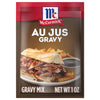 ['McCormick Au Jus Gravy packet with a sandwich and gravy on the front.']