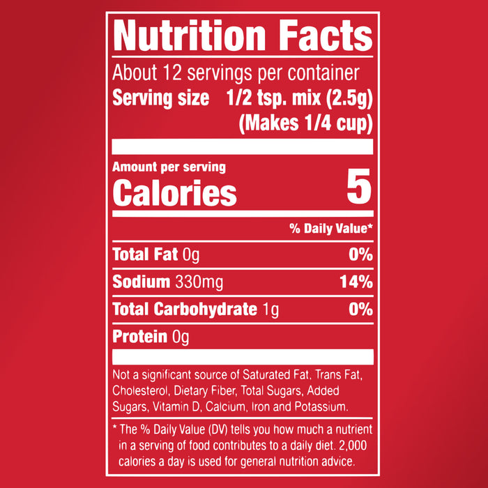 ['Nutrition facts label for a product with 5 calories per serving.']
