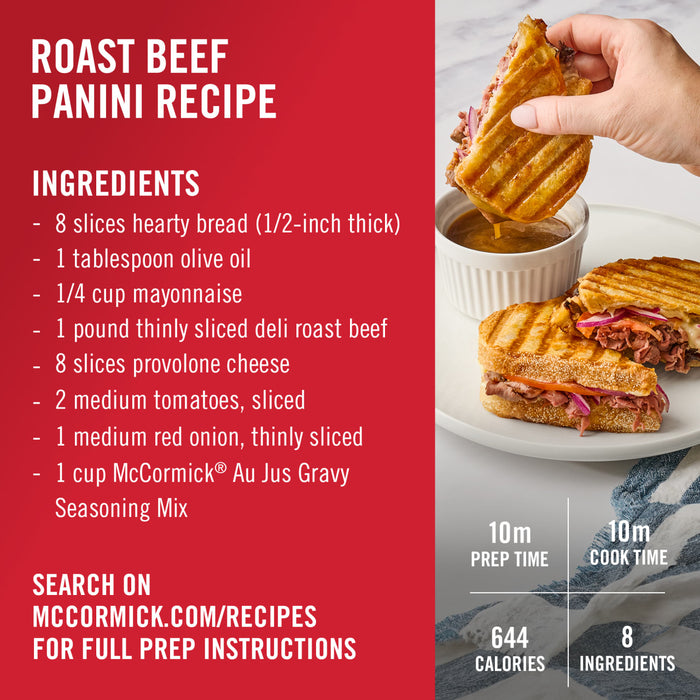 ['A recipe for a roast beef panini with McCormick Au Jus Gravy.']
