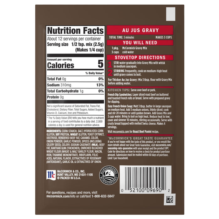 The back of a package of Mccormick Au Jus Gravy Mix 1 Oz displays nutrition facts, stovetop directions, and a list of ingredients including corn starch and hydrolyzed corn gluten.
