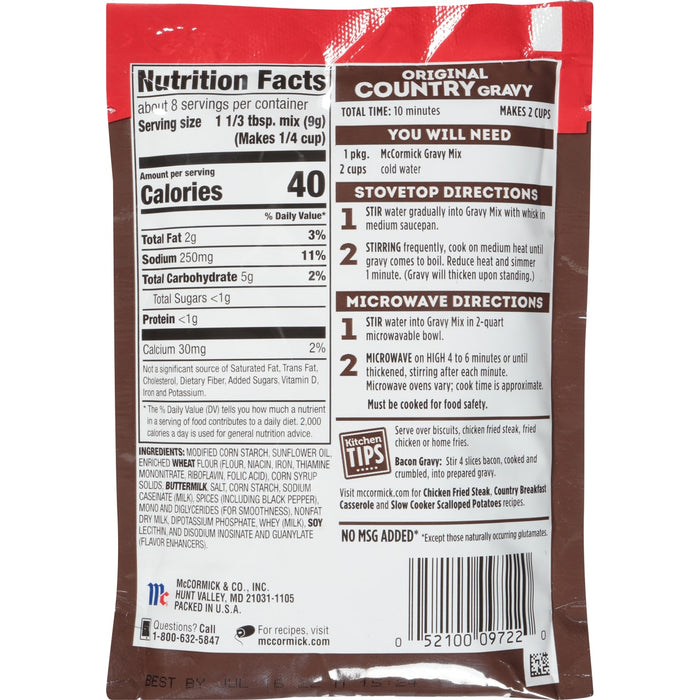 ['McCormick Country Gravy mix package with nutrition facts and directions for preparing the gravy.']