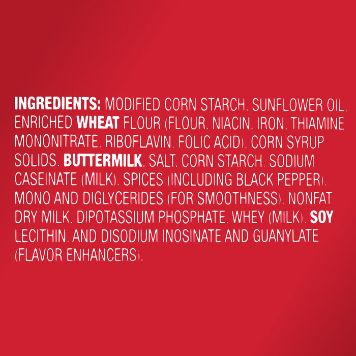 ['A list of ingredients for a product, including wheat flour, buttermilk, and soy lecithin.']