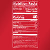 ['Nutrition facts label for a food product with 40 calories per serving.']